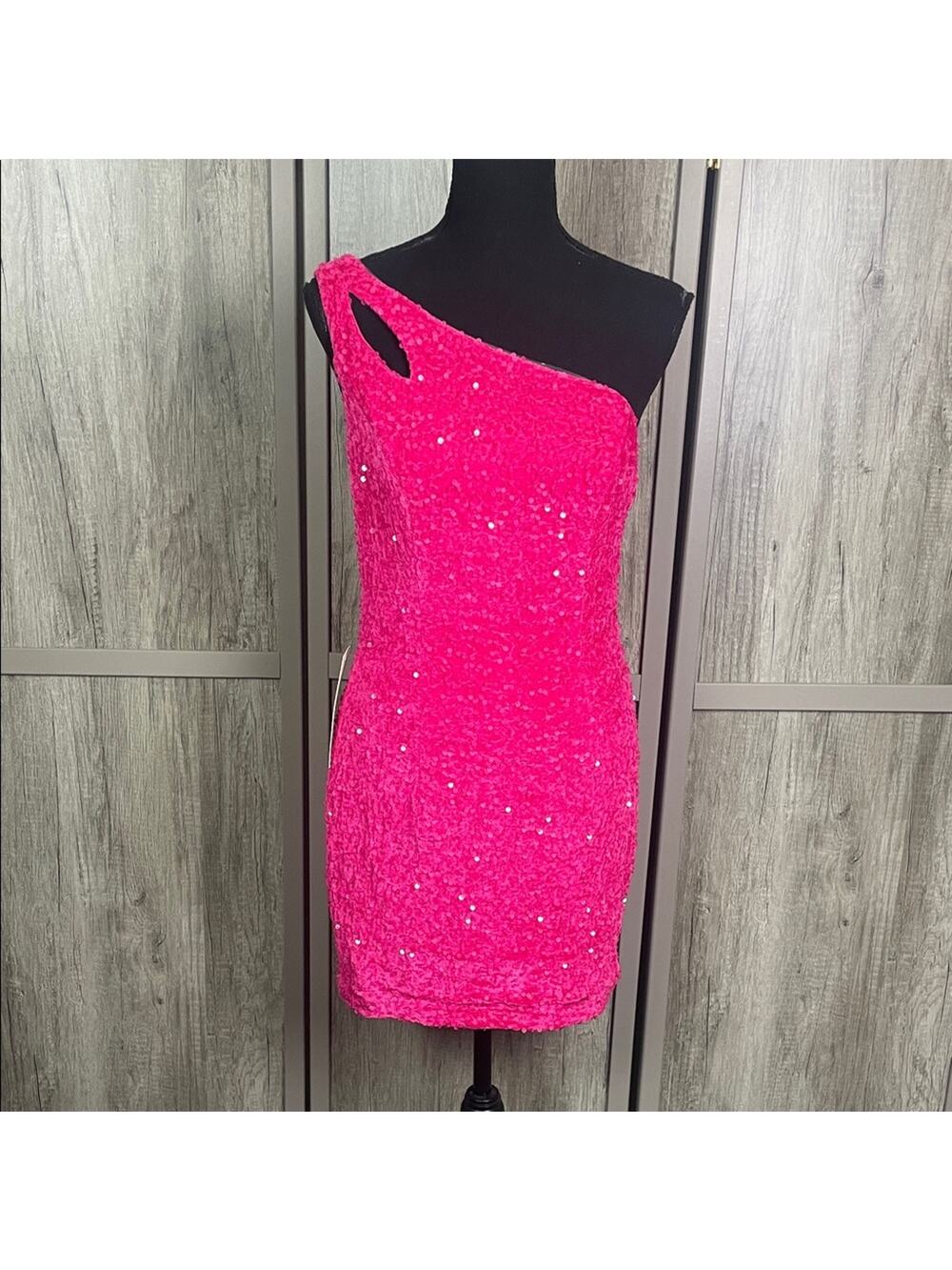 NWT Wear Your Love Barbie pink sequin one-shoulder cutout  mini dress women's M